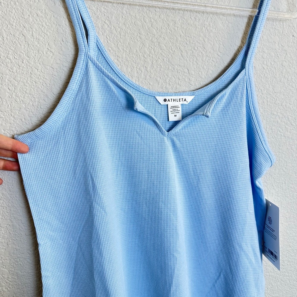 Athleta Wind Down Sleep Cami Blue Waffle Knit Notched V-Neck Tank Top Medium NEW